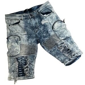 Focus Biker Denim Shorts Men Size 32 Blue Acid Wash Moto Distressed EUC Jean Y2K